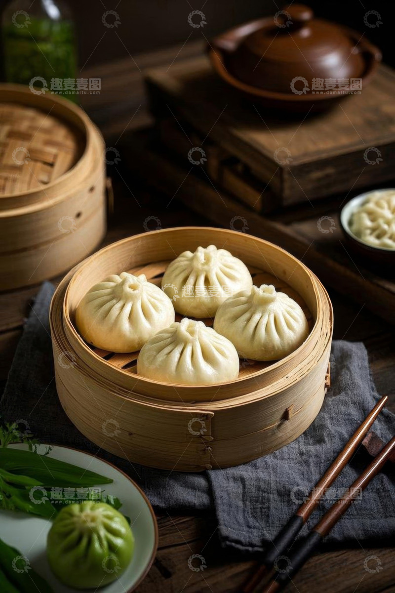 高清大图下载【趣麦麦图】竹蒸笼里的小笼包特写