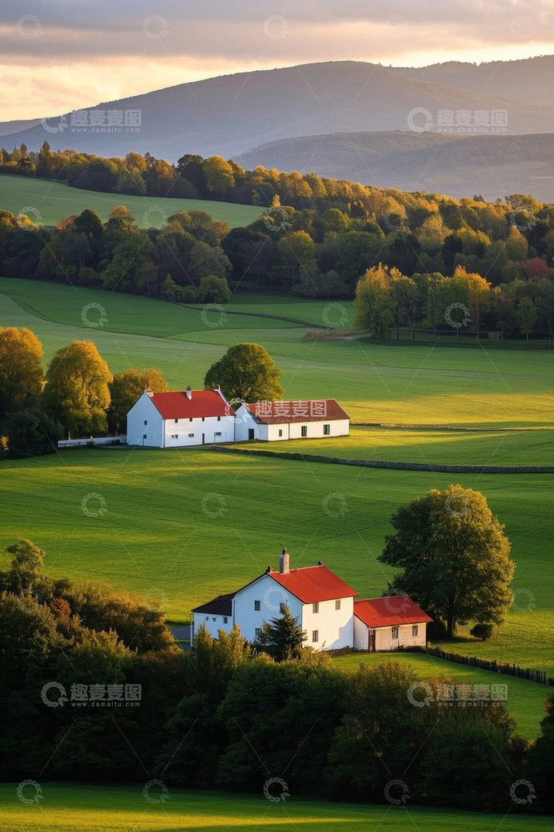 高清大图下载【趣麦麦图】乡村田野间的红顶白房景观