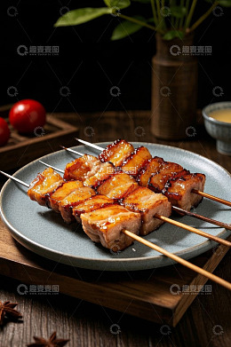 木盘上的美味烤肉串