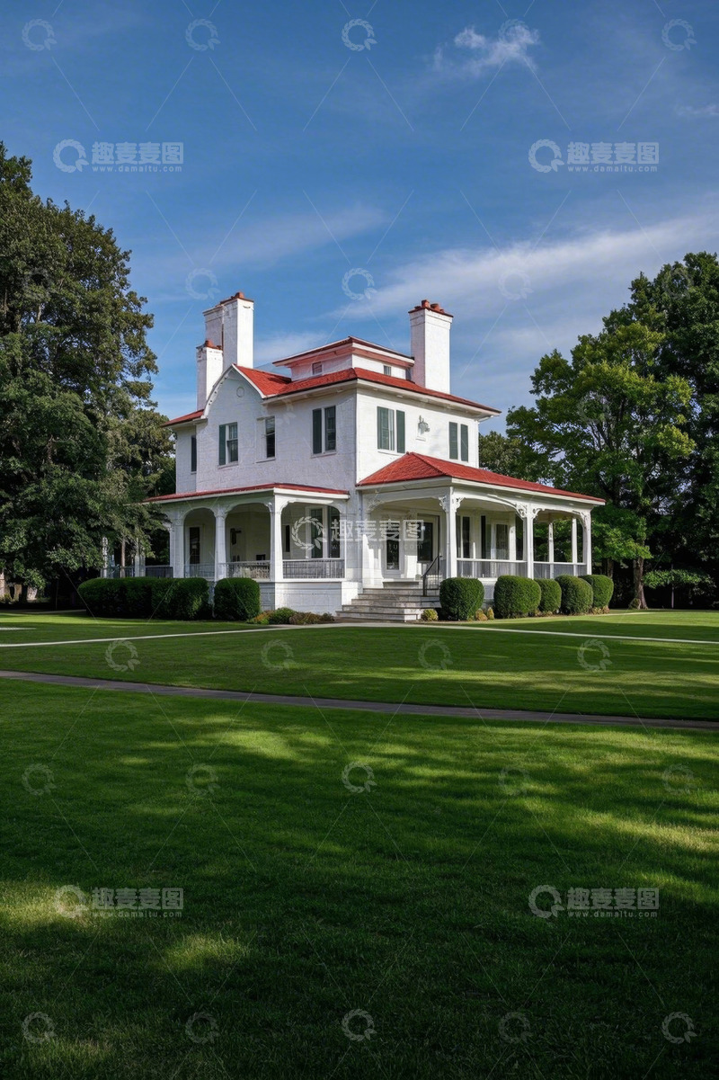 高清大图下载【趣麦麦图】户外白色独栋红顶别墅
