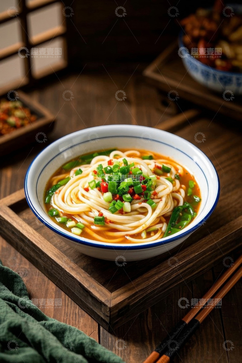 高清大图下载【趣麦麦图】中式木桌上的一碗葱花面条