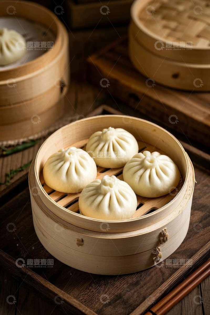 高清大图下载【趣麦麦图】竹制蒸笼里的美味包子