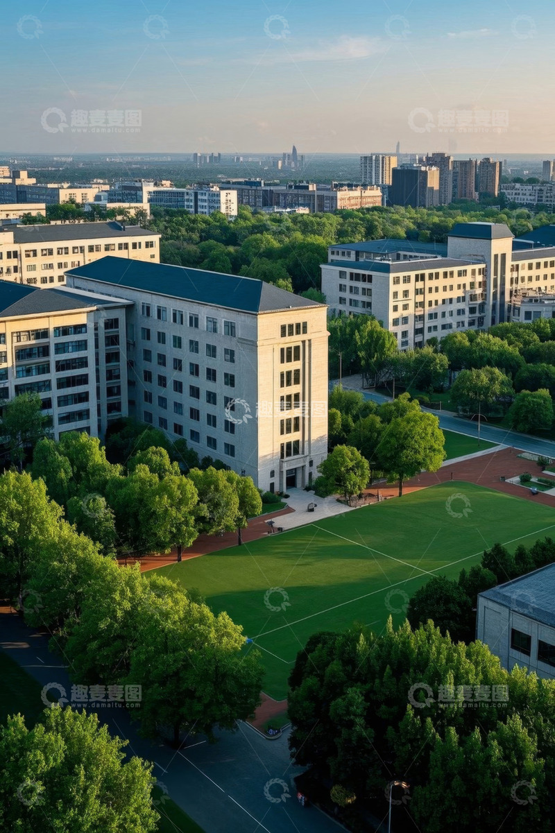 高清大图下载【趣麦麦图】校园建筑群与绿茵场鸟瞰