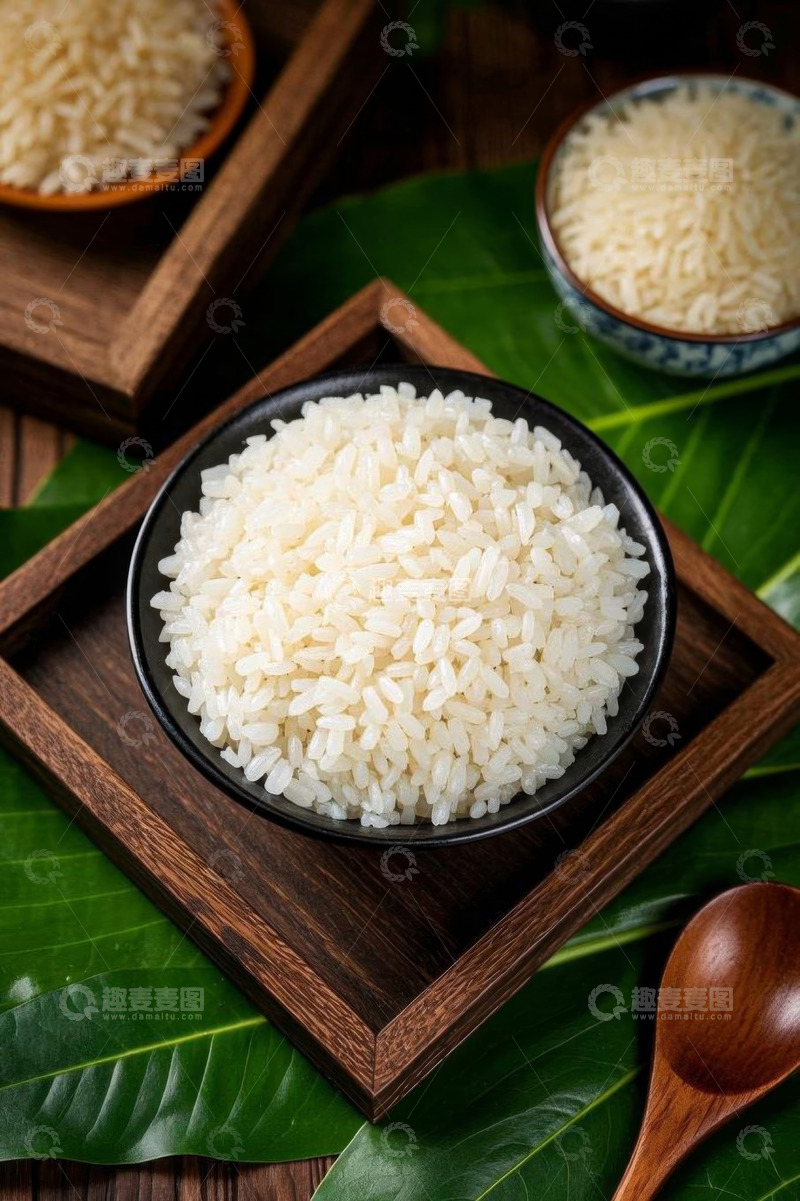 高清大图下载【趣麦麦图】木盘绿叶上盛放的白米
