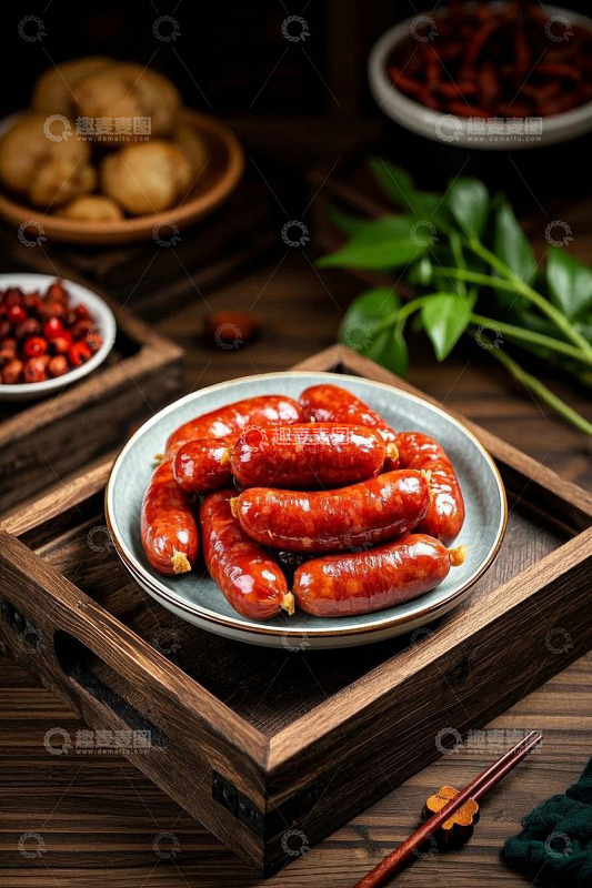 木盘上摆放的美味肉肠