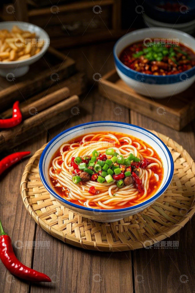 高清大图下载【趣麦麦图】木桌上的一碗红油面条