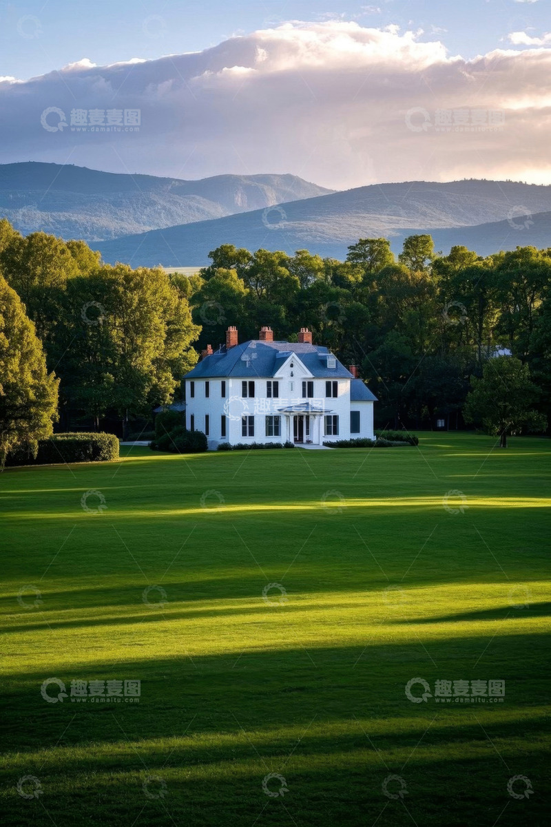 高清大图下载【趣麦麦图】郊外草地旁的白色别墅风景