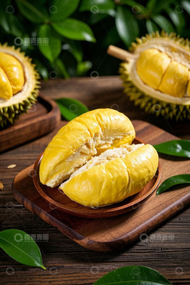 高清大图下载【趣麦麦图】木盘上摆放的切开榴莲
