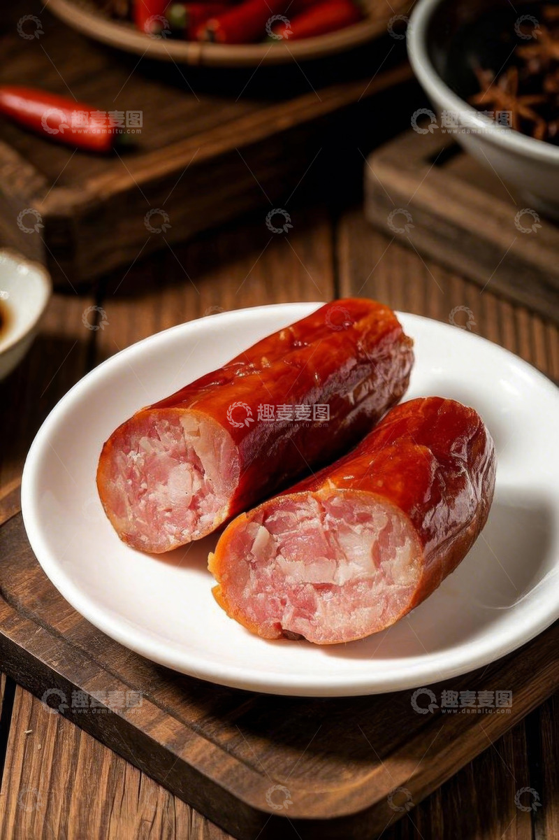 高清大图下载【趣麦麦图】木桌上白盘里的美味香肠