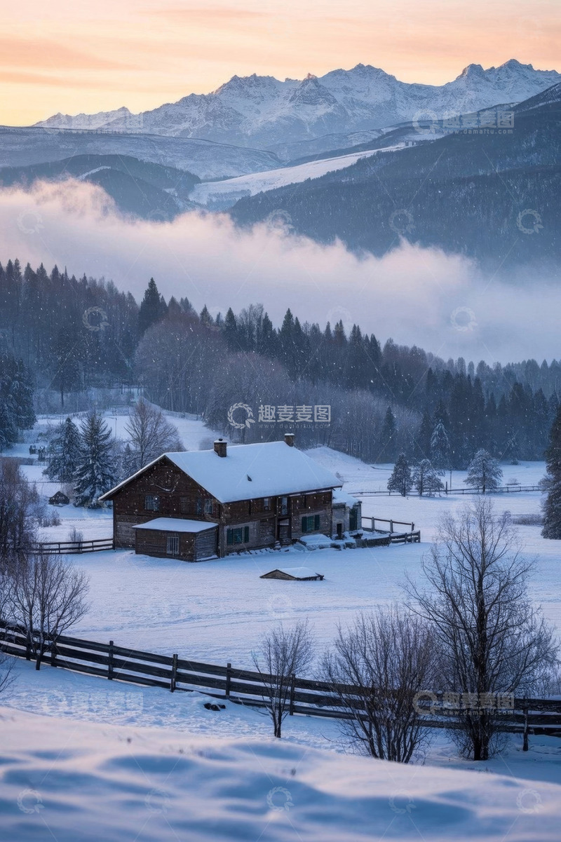 高清大图下载【趣麦麦图】雪中山间木屋自然风光