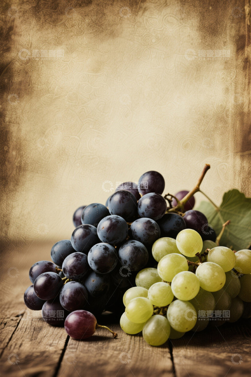 高清大图下载【趣麦麦图】木桌上摆放的紫绿葡萄