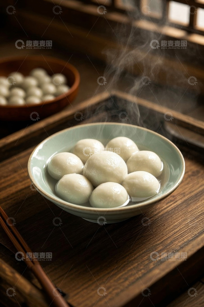 高清大图下载【趣麦麦图】木桌上碗装热气腾腾的汤圆