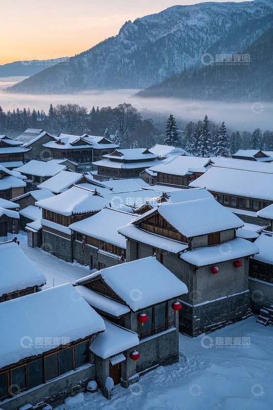 雪覆古村落与远山景致