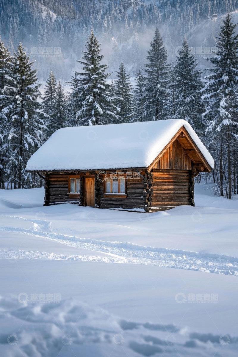 高清大图下载【趣麦麦图】雪覆盖的森林中的木屋景观