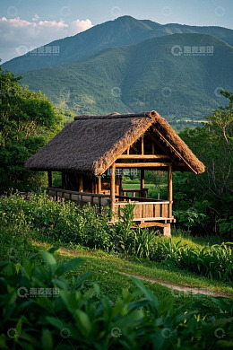 山间草顶木屋自然风光