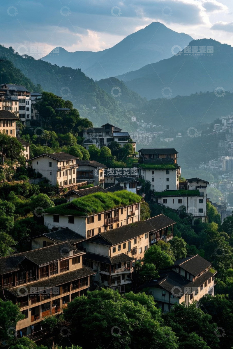 高清大图下载【趣麦麦图】山间错落分布的民居建筑