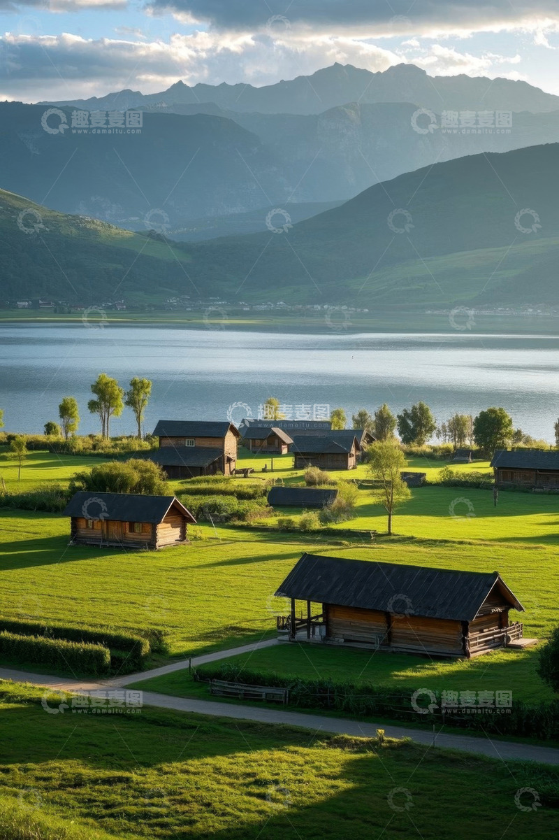 高清大图下载【趣麦麦图】湖畔草地木屋自然风光