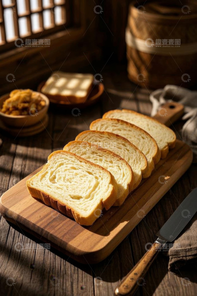 高清大图下载【趣麦麦图】木砧板上切片面包静物