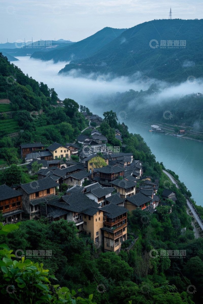 高清大图下载【趣麦麦图】依山傍水的村落风景