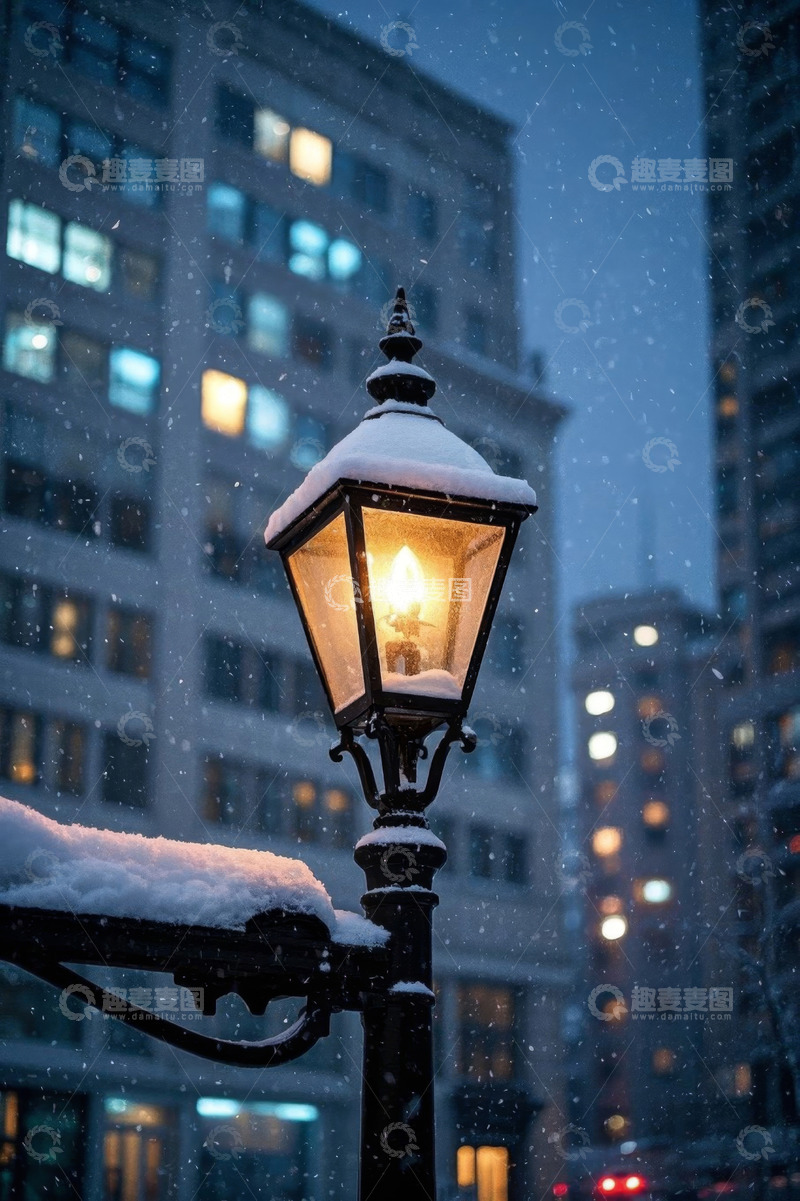 高清大图下载【趣麦麦图】城市街道飘雪时的路灯景象