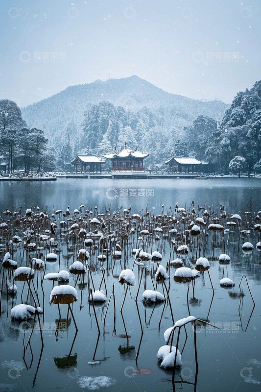 雪中湖面残荷与古典建筑风景
