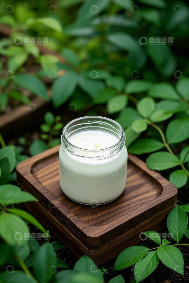 高清大图下载【趣麦麦图】木托盘上罐装奶油绿植背景