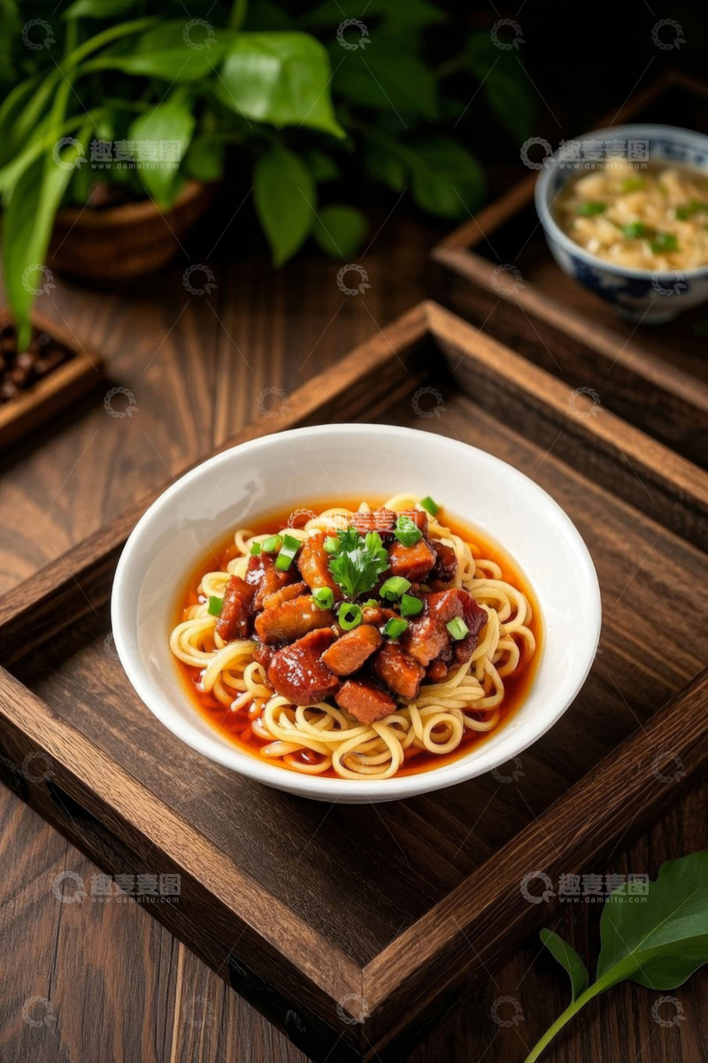 高清大图下载【趣麦麦图】木托盘上的一碗红烧卤肉面