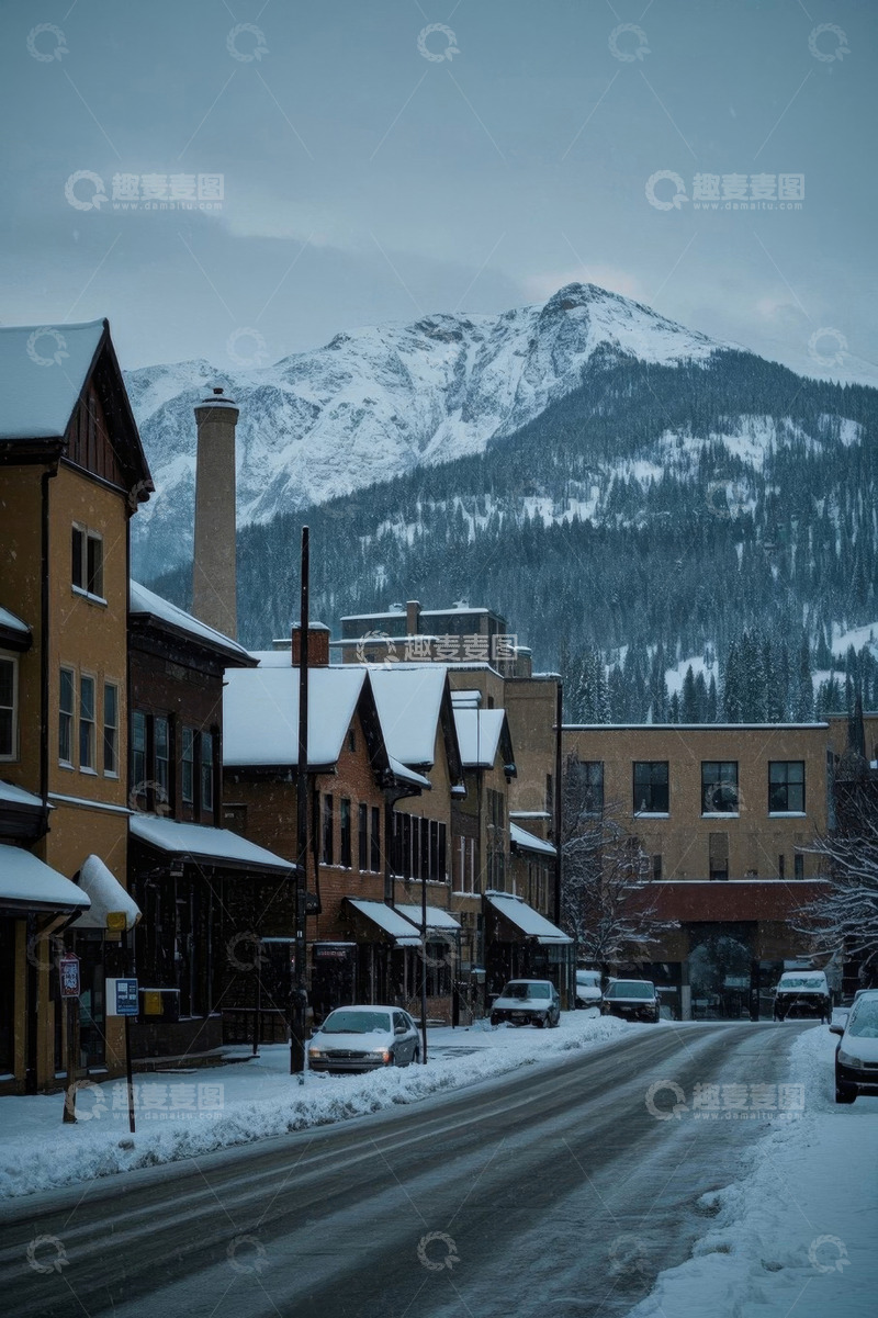高清大图下载【趣麦麦图】雪中山脚下的小镇街道景象