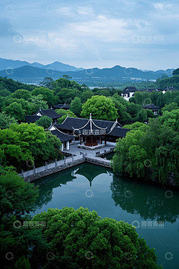 杭州中式园林湖景鸟瞰
