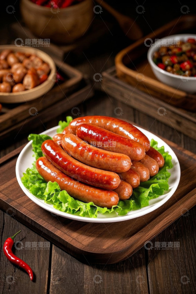 高清大图下载【趣麦麦图】木盘上摆放的生菜和香肠