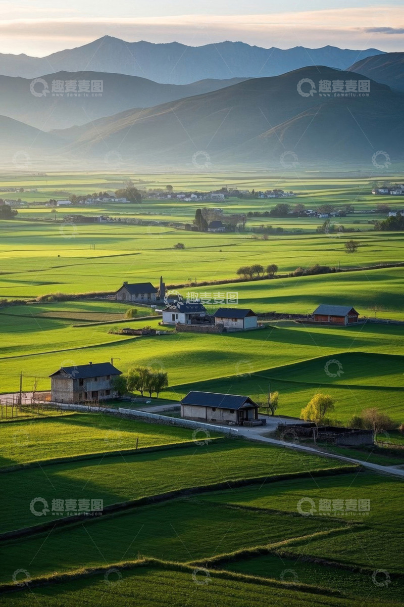 高清大图下载【趣麦麦图】田园乡村田野与远山风景