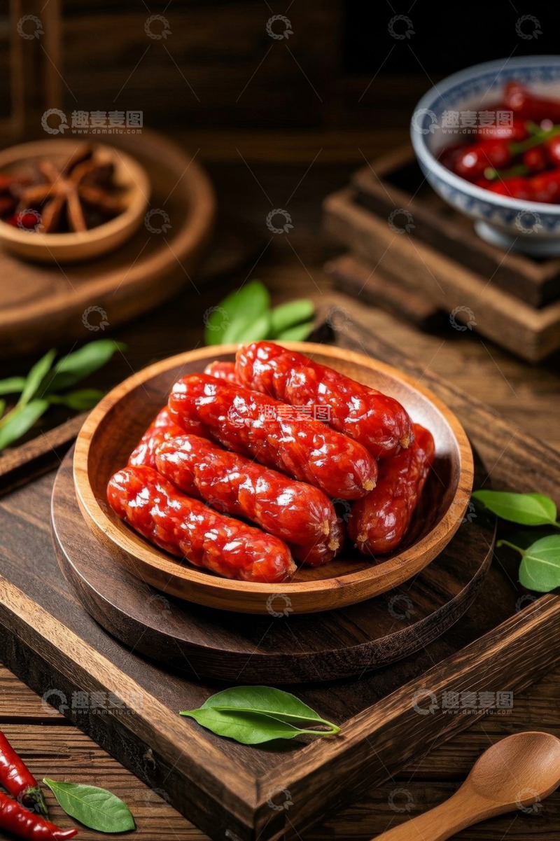 高清大图下载【趣麦麦图】木盘盛放的美味中式肉肠