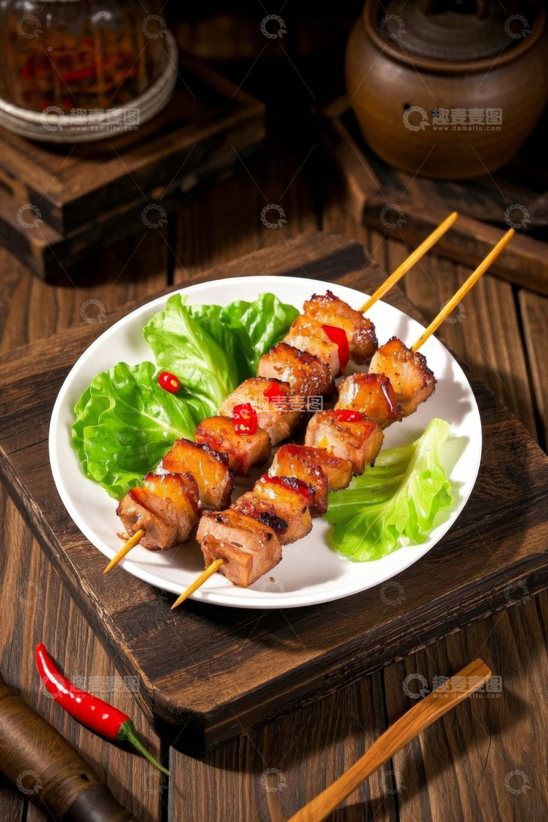 高清大图下载【趣麦麦图】木盘上的美味烤肉串