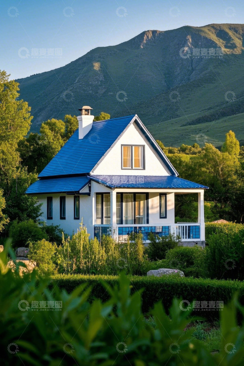 高清大图下载【趣麦麦图】山间蓝顶白色小屋风景