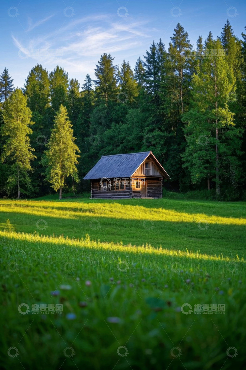 高清大图下载【趣麦麦图】森林旁草地木屋风景