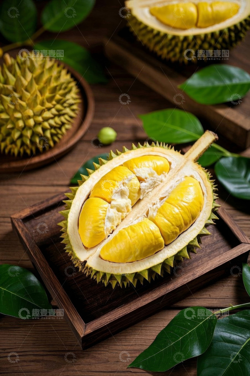 高清大图下载【趣麦麦图】木盘上的新鲜榴莲
