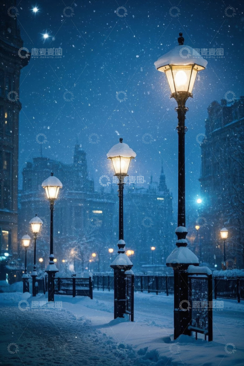 高清大图下载【趣麦麦图】雪夜城市街道的路灯景观