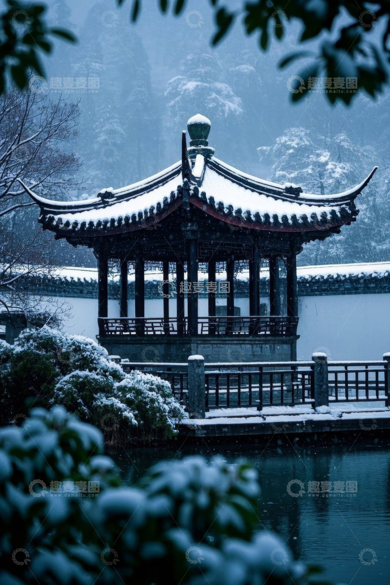 高清大图下载【趣麦麦图】雪中湖畔中式凉亭景观