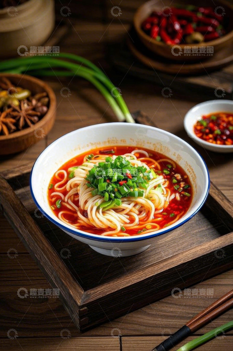 高清大图下载【趣麦麦图】木托盘上的一碗红油面条