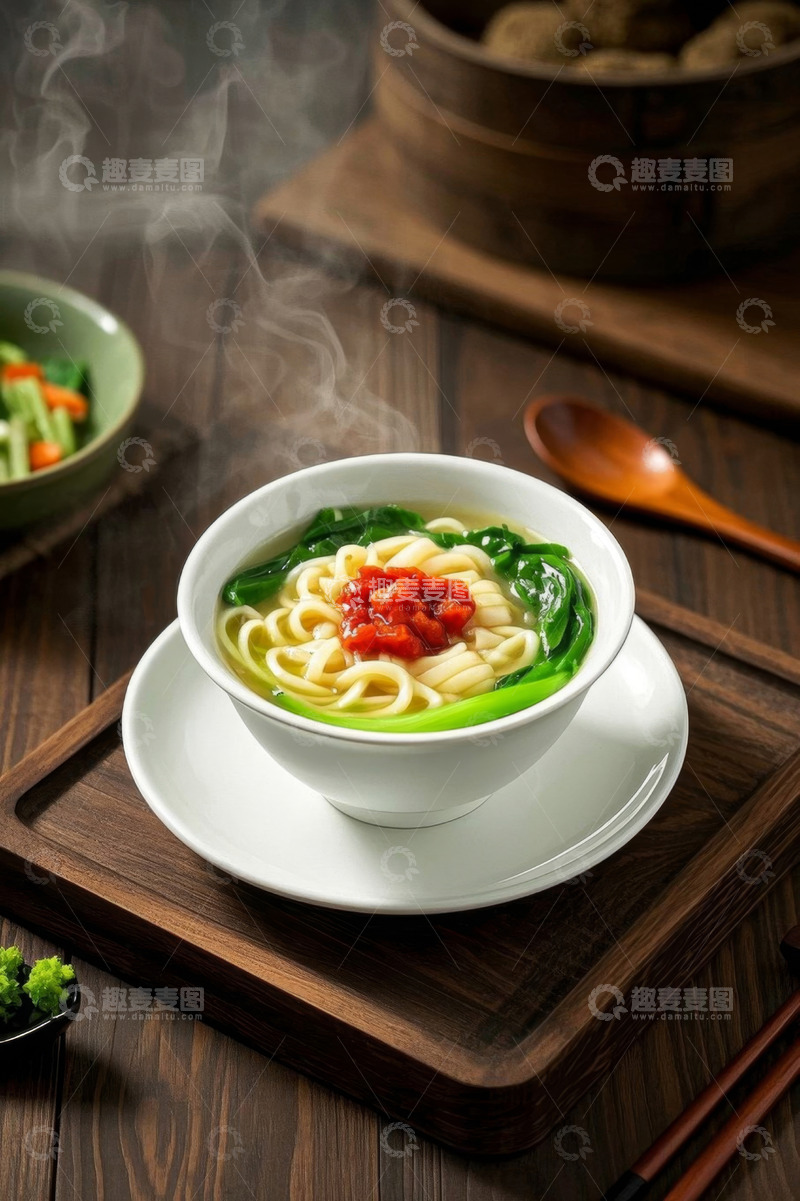 高清大图下载【趣麦麦图】木桌上热气腾腾的青菜面条