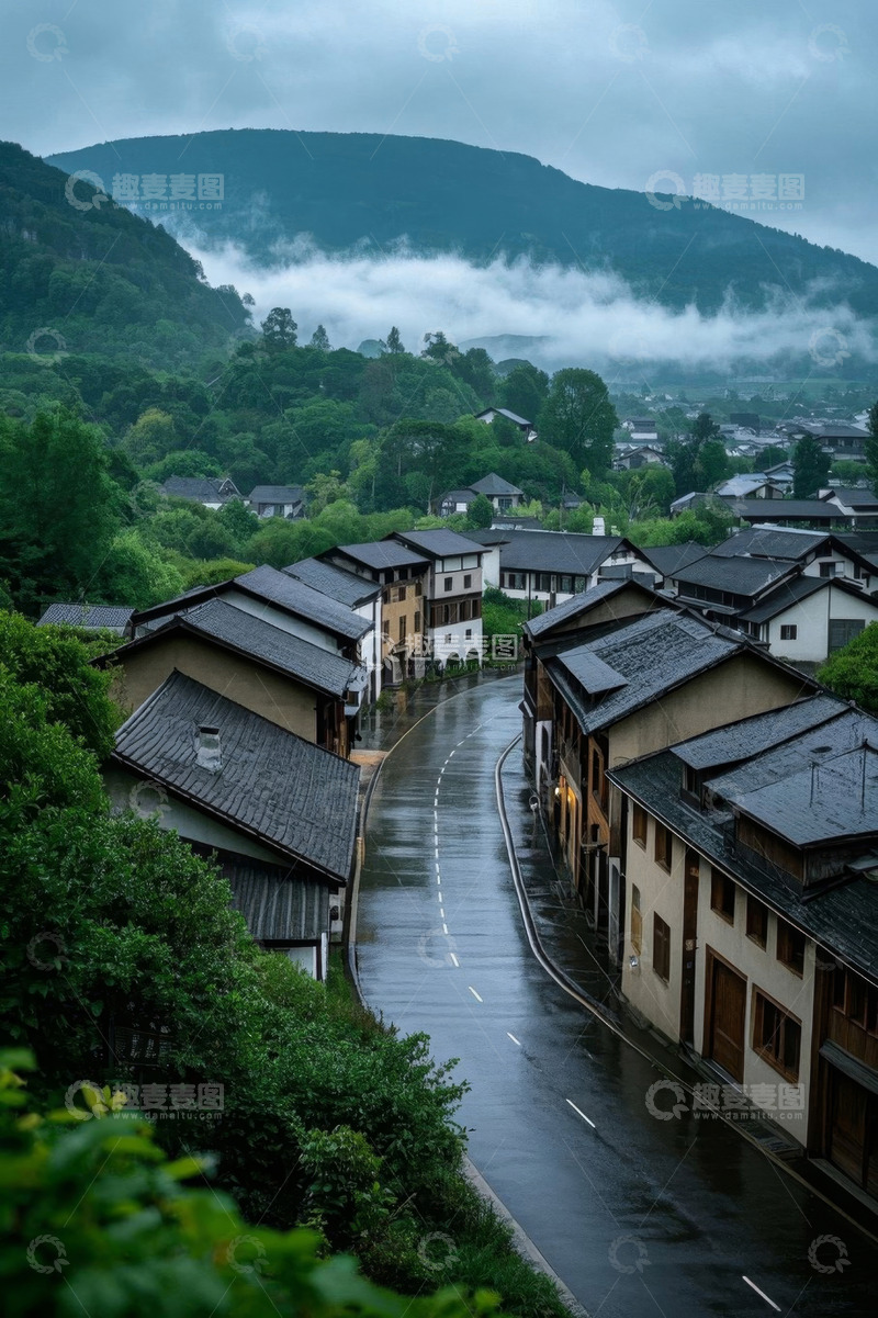 高清大图下载【趣麦麦图】雨后山间村庄道路全景