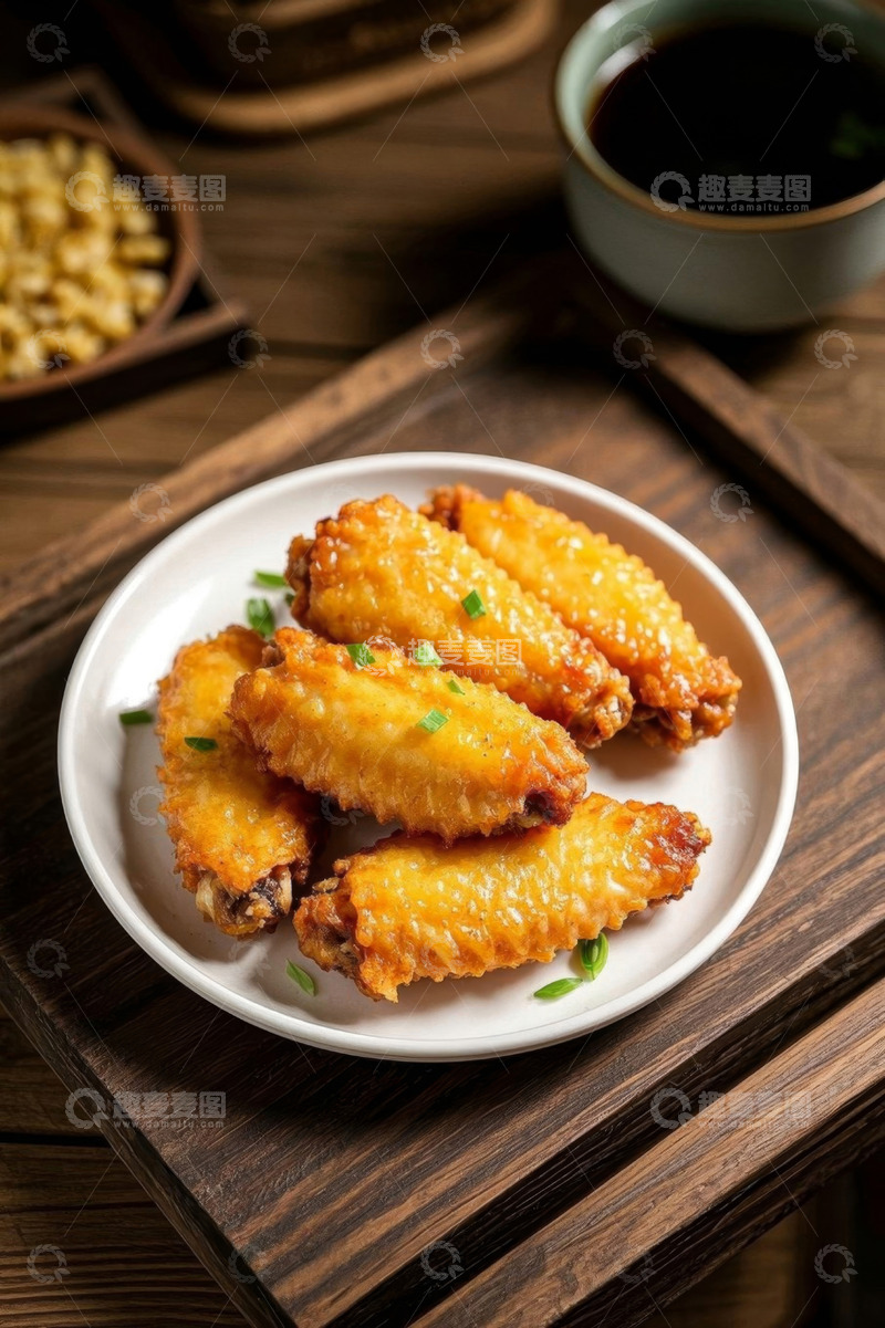 高清大图下载【趣麦麦图】木桌上的油炸鸡翅膀
