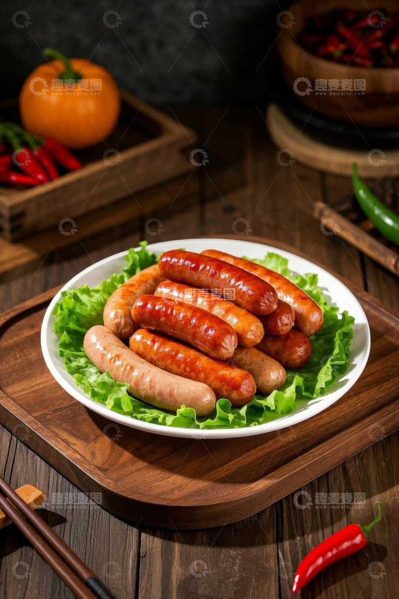 高清大图下载【趣麦麦图】木盘上摆放的生菜配美味肉肠
