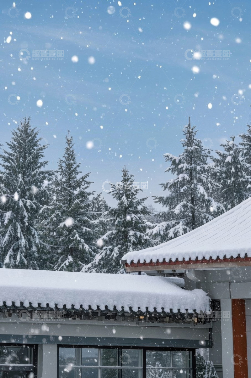 高清大图下载【趣麦麦图】雪天屋顶与雪覆松树景观