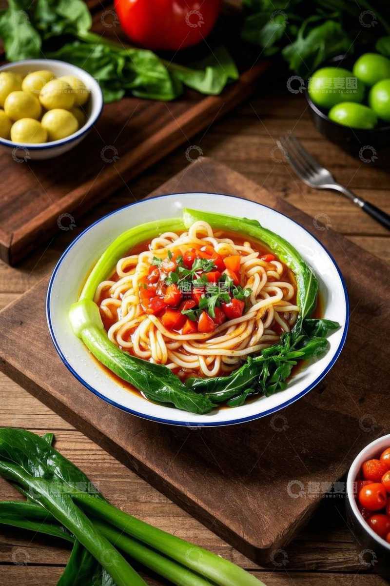 高清大图下载【趣麦麦图】木桌上的蔬菜面条美食