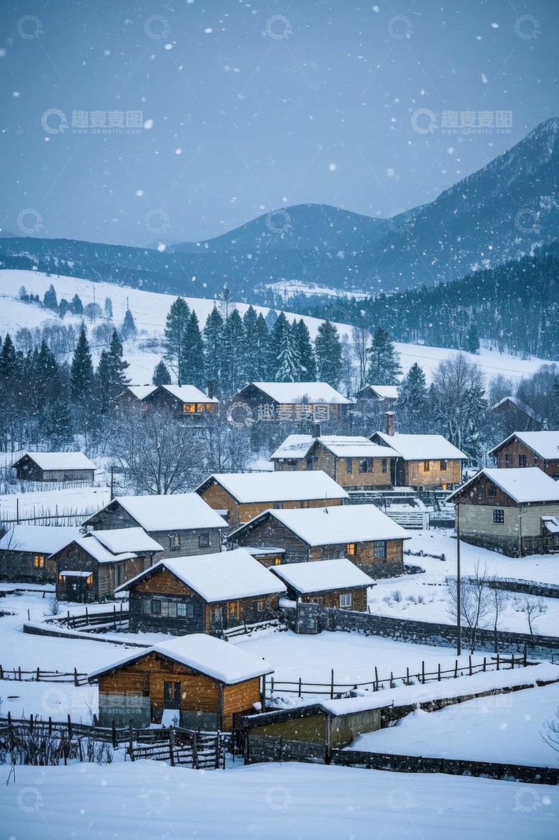 高清大图下载【趣麦麦图】雪中山村木屋风景