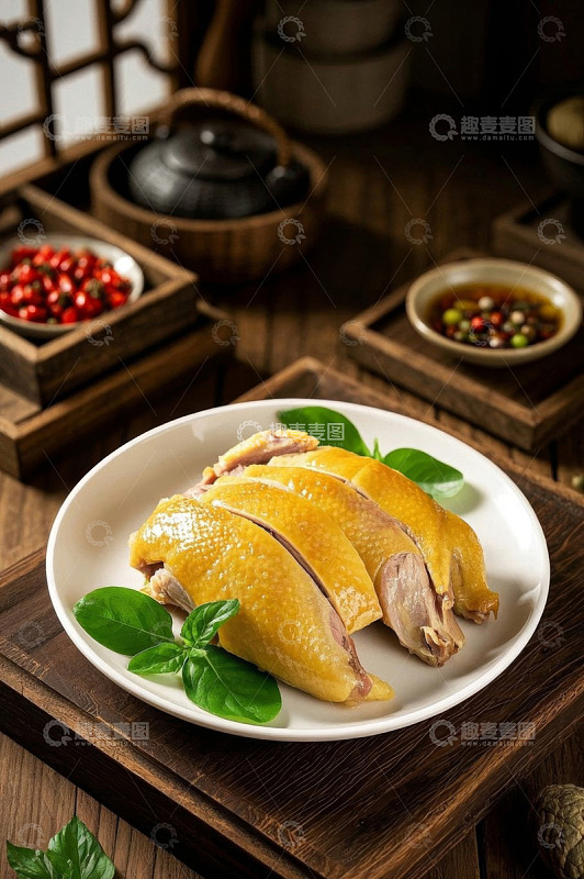 白盘上的切分黄鸡肉美食