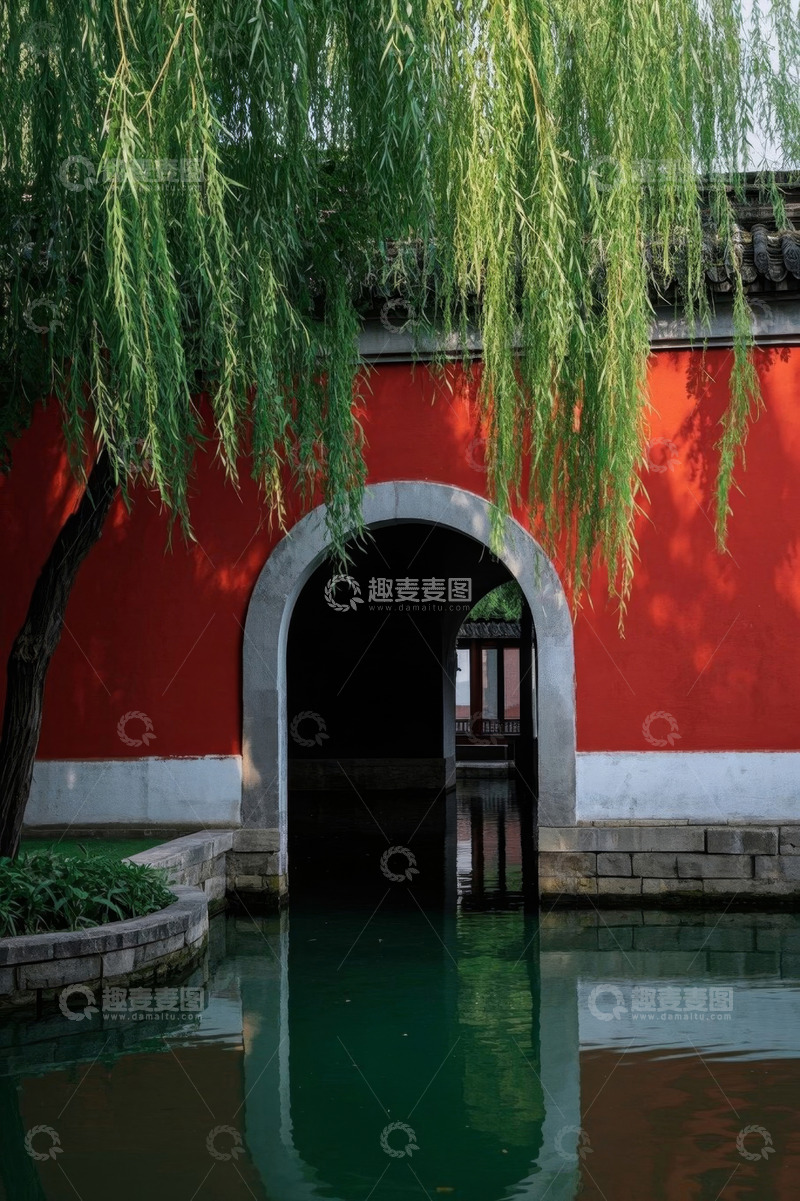 高清大图下载【趣麦麦图】红墙拱门垂柳与水面景致
