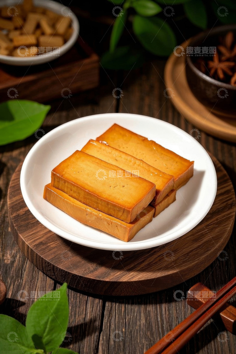 高清大图下载【趣麦麦图】木盘上的卤豆腐干美食