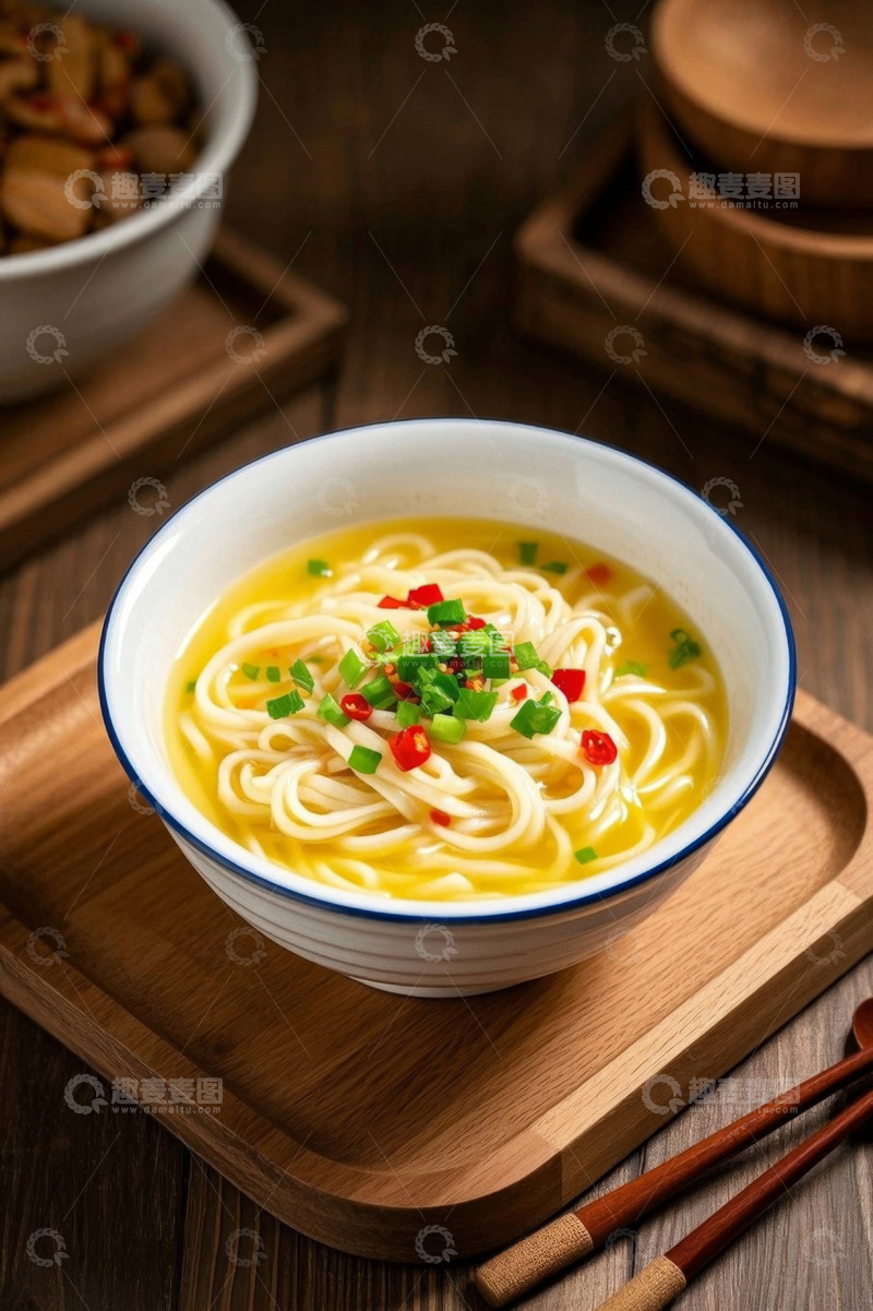 高清大图下载【趣麦麦图】木盘上的一碗美味汤面